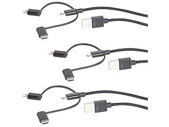 MicroUSB-Kabel: Callstel 3er-Set Ladekabel für Micro-USB, USB-C, Lightning, MFI, 100 cm, 2,1 A