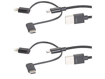 Callstel 2er-Set Ladekabel für Micro-USB, USB-C, Lightning, MFI, 100 cm, 2,1 A