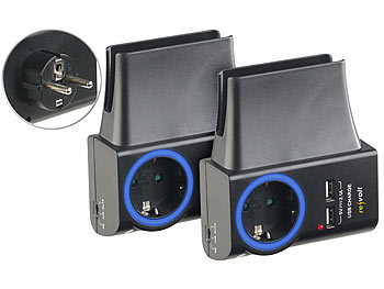 Multi-USB-Ladestation: revolt 2er-Set 4in1-Steckdosen, je 2x USB, LED-Ring & Smartphone-Halterung