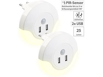 Wand-Ladegerät: Luminea 2 LED-Steckdosen-Nachtlichter, PIR- und Lichtsensor, 2x USB (10 Watt)