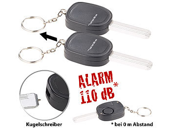 Handtaschen-Alarm: VisorTech 2er-Set Personenalarm im Autoschlüssel-Design, 110-dB-Sirene, Kuli
