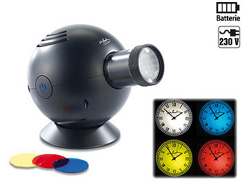 Projektor Uhr: infactory LED-Uhrenprojektor, 3 Farbfilter, projiziert Uhrzeit bis Ø 120 cm