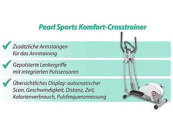 PEARL sports Komfort-Crosstrainer mit 5 kg Schwungmasse, Pulsmesser