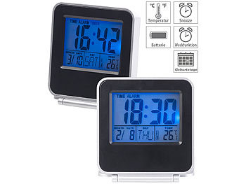 Thermometer mit Uhr: PEARL 2er-Set Kompakte digital Reisewecker, Thermometer, Kalender