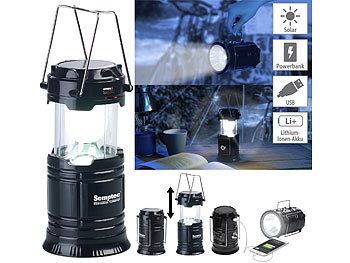 3in1-Solar-LED-Camping-Laterne, Handlampe & USB-Notlader, 80 Lumen / Camping Lampe