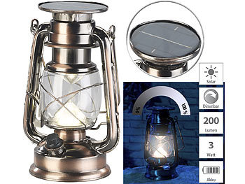 Solarlampe: Lunartec Ultra helle Solar-LED-Sturmlampe, 200 Lm, 3 W, warmweiß, bronze