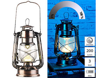 Sturmlaterne LED dimmbar: Lunartec Ultra helle LED-Sturmlampe, Batterie, 200lm, 3W, warmweiß, bronze
