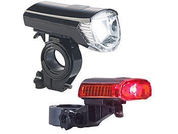 Fahrradbeleuchtung Set: PEARL Akku-Fahrradlichter mit Cree-LED & Halterungen, USB, IPX4, im Set