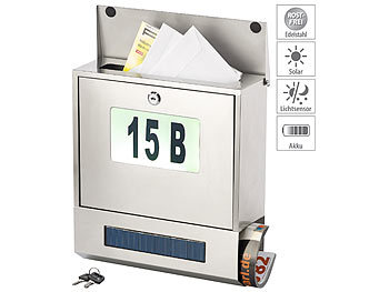 Postkasten: Lunartec Edelstahl-Briefkasten, Solar-Leucht-Hausnummer, Zeitungsfach, 3 LEDs