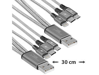 3 in 1 Ladekabel: Callstel 2er-Set 3in1-Schnellladekabel: Micro-USB, USB C & Lightning, 30 cm, 3A