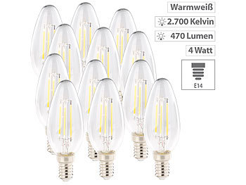Luminea 12er-Set LED-Filament-Kerze E14, E, 4,2 Watt, 470 lm, 345°, warmweiß