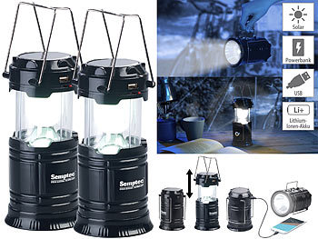 2er Pack 3in1-Solar-LED-Camping-Laterne, Handlampe & USB-Notlader / Solarlampe