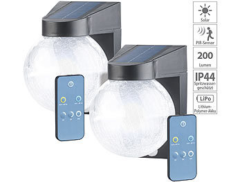Außenleuchte mit Nachtlicht: Luminea 2er Pack Solar-LED-Wandleuchte im Crackle-Glas-Design, PIR-Sensor,
