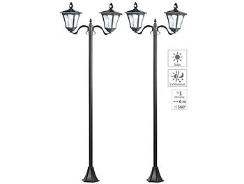 Kabellose Stehlampe: Royal Gardineer 2er-Set Solar-LED-Gartenlaterne, 2 flammig, PIR- & Dämmerungssensor