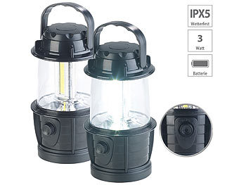 Campinglampe: PEARL 2er-Set dimmbare LED-Laternen, 3 COB-LEDs, Batteriebetrieb, 3W, 140 lm