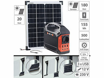 Solar Powerbank Sets: revolt Fensterbank-Solarkraftwerk: Powerstation mit 20-W-Modul, 155 Wh, 230 V