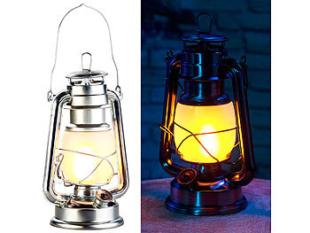 Flammen Retro Geschenkidee Aufhängeöse Öllampe Design aussen draussen: Lunartec LED-Sturmlaterne mit Flammen-Effekt, 25 cm Höhe, silberfarben