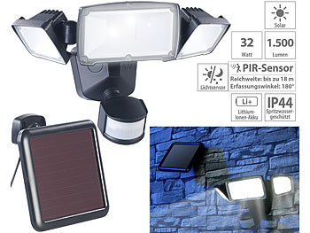 LED Solarstrahler: Luminea 3-fach-Solar-LED-Fluter für außen, PIR-Sensor, 32 W, 1.500 Lumen, IP44