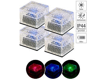 Solarlampen für außen-Beleuchtung: Lunartec 4er-Set Solar-RGB-LED-Glasbausteine, Dämmerungsssensor, 7 x 5,4 x 7 cm