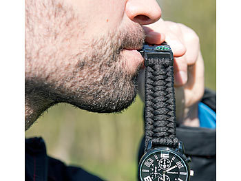 Semptec 5in1-Armbanduhr mit Paracordband, Feuerstahl, Kompass, Notfallpfeife