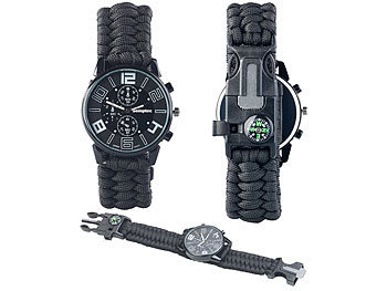 Semptec Survival Armbanduhr: 5in1-Armbanduhr mit Paracordband, Feuerstahl,  Kompass, Notfallpfeife (Survival Uhr mit Kompass)