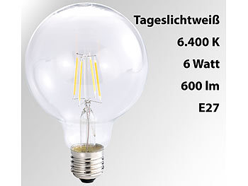 Luminea LED-Filament-Globelampe, G95, A++, E27, 6 W, 600lm, 360°, 6400K