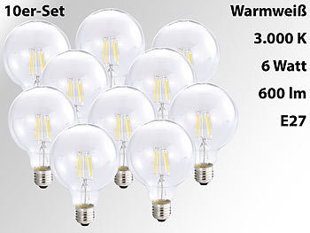 Luminea 10er-Set LED-Filament-Globelampe, G95, E27, 6 W, 600 lm, 360°, 3000 K