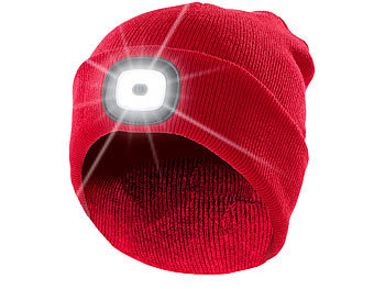 Rote StrickmÃ¼tze mit weissen (vorne) & roten (hinten) LEDs / Stirnlampe