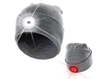 Stirnlampe: Lunartec Graue Strickmütze mit weißen (vorne) & roten (hinten) LEDs