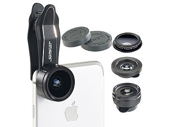 Objektiv für Handy: Somikon 4in1-Vorsatzlinsen-Set mit Weitwinkel, Fischauge, Makro und Pol-Filter