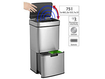 Mülltrennsystem: infactory Design-Mülltrenn-System mit Sensor, 4 Behälter, Edelstahl, 75 Liter