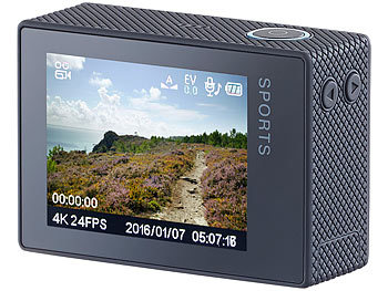 Somikon 4K-Action-Cam für UHD-Videos, 2 Displays, WLAN, 16MP-Sony-Sensor IP68