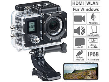 4K-Actioncam: Somikon Einsteiger-4K-Action-Cam, WLAN, 2 Displays, Full HD 60 B./Sek., IP68