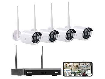 VisorTech Funk-Überwachungssystem, HDD-Rekorder & 4 IP-Kameras, Plug & Play, App