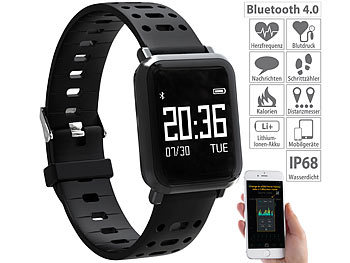 Smartwatch Blutdruck: newgen medicals Fitness-Uhr mit Blutdruck- & Herzfrequenz-Anzeige, Bluetooth 4.0, IP68