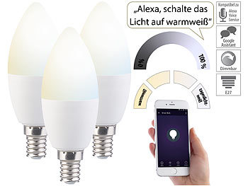 E14 LED Alexa: Luminea 3er-Set WLAN-LED-Lampen mit Sprachsteuerung, E14, CCT, F