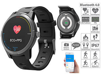 Smartwatch EKG: newgen medicals Fitness-Uhr mit Bluetooth, Herzfrequenz- und EKG-Anzeige, App, IP67