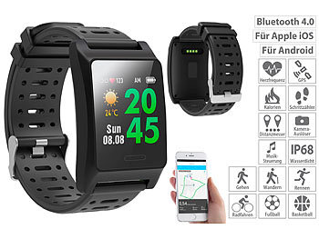GPS Uhr: newgen medicals Fitness-GPS-Smartwatch, Herzfrequenz-Anzeige, Farb-Display, App, IP68