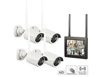 VisorTech Funk-Überwachungs-Set mit 7"-Touchscreen-Monitor, 4 HD-Kameras & WLAN