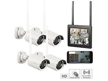 VisorTech Funk-Überwachungsset: 7"-LCD-Touchscreen, 4 Full-HD-Kameras, WLAN, App