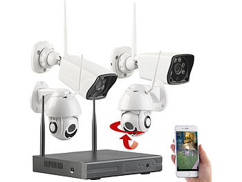 Funk Überwachungssystem: VisorTech Funk-Überwachungs-Set: HDD-Rekorder, je 2 Standard- & PTZ-Kameras, App