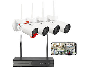 Überwachung Kameras: VisorTech Funk-Überwachungssystem mit HDD-Rekorder, 4 PT-Kameras, App, H.265