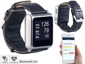 Gesundheitsuhr: newgen medicals Medizinische Blutdruck-Armbanduhr mit Pumpe, E-Ink, Bluetooth & App