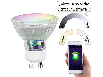 Luminea Home Control 4er-Set WLAN-RGB/CCT-Glas-Lampen, GU10, für Siri, Alexa & GA, 4,5 W