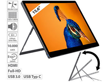 auvisio Mobiler Akku-Full-HD-IPS-Monitor, 39,6 cm (15,6"), USB Typ C, HDMI