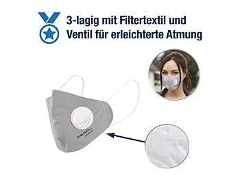 PEARL 2er-Set Mund-Nasen-Stoffmasken mit Ventil, waschbar, Größe M