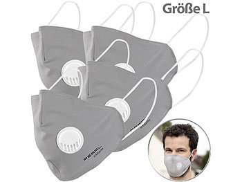 Masken: PEARL 4er-Set Mund-Nasen-Stoffmasken mit Ventil, waschbar, Größe L
