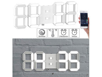 Digital Wanduhr: Lunartec Dimmbare LED-Tisch- & Wanduhr, Temperatur-Anzeige, Wecker, App, 37 cm