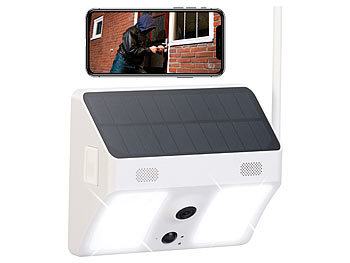 VisorTech Kabellose WLAN-IP-Kamera mit Flutlicht, Full HD, Solarpanel, App, weiß