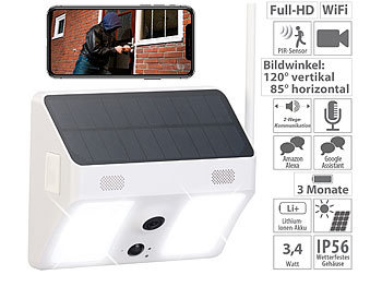 VisorTech Kabellose WLAN-IP-Kamera mit Flutlicht, Full HD, Solarpanel, App, weiß